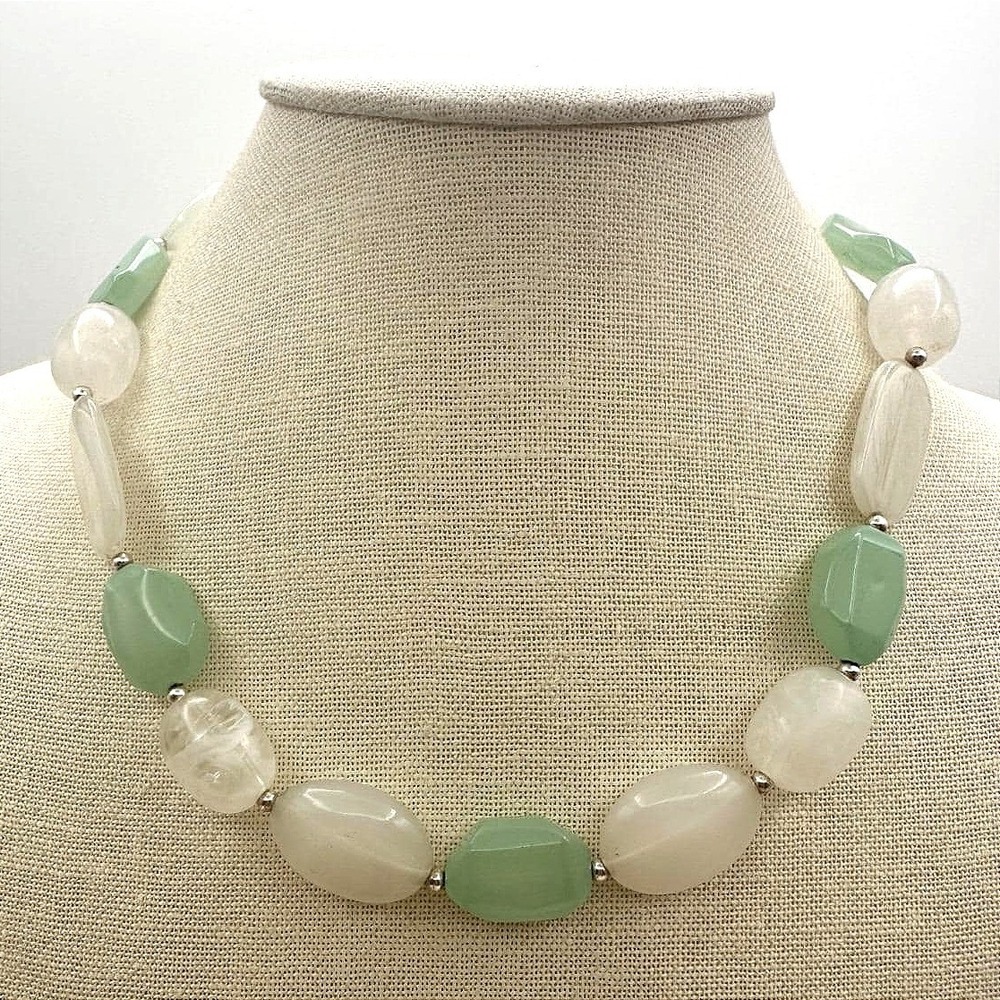 Vintage Y2K Silver Tone Aventurine Quartz Beaded Statement Necklace Boho Jewelry
